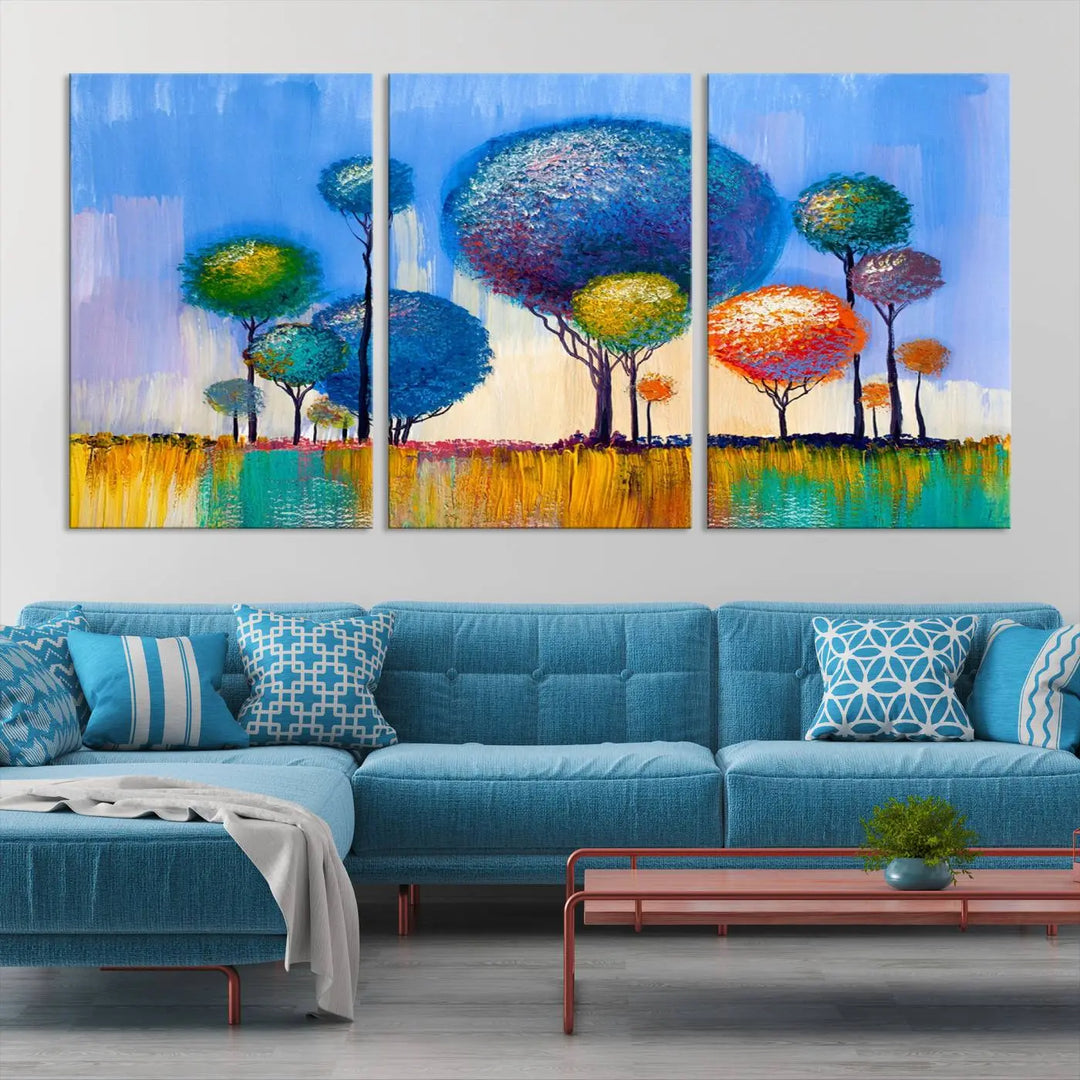 The vibrant "Oil Paint Effect Colorful Trees Wall Art Canvas Print," with its abstract depiction of round-topped trees on a blue background, is printed on museum-quality canvas and includes a UV-protective coating to maintain its bright colors.