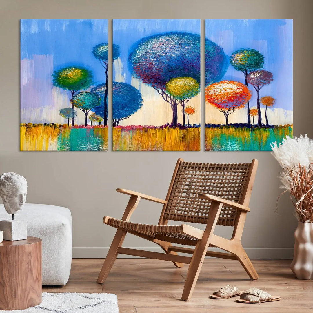 The vibrant "Oil Paint Effect Colorful Trees Wall Art Canvas Print," with its abstract depiction of round-topped trees on a blue background, is printed on museum-quality canvas and includes a UV-protective coating to maintain its bright colors.