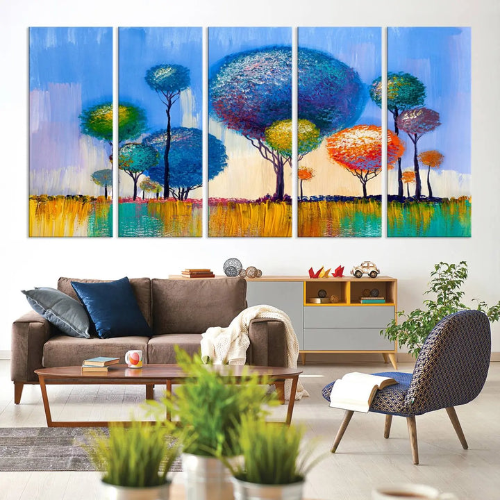 The vibrant "Oil Paint Effect Colorful Trees Wall Art Canvas Print," with its abstract depiction of round-topped trees on a blue background, is printed on museum-quality canvas and includes a UV-protective coating to maintain its bright colors.