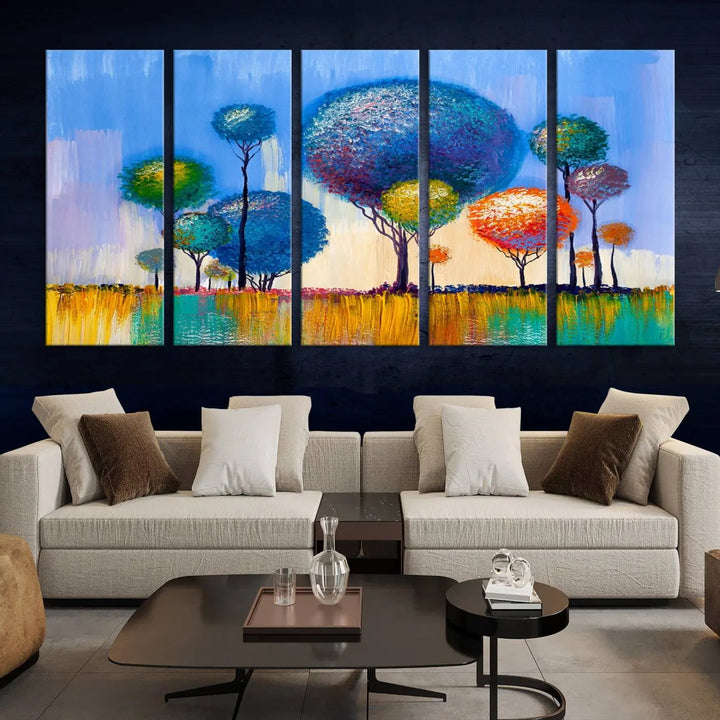 The vibrant "Oil Paint Effect Colorful Trees Wall Art Canvas Print," with its abstract depiction of round-topped trees on a blue background, is printed on museum-quality canvas and includes a UV-protective coating to maintain its bright colors.