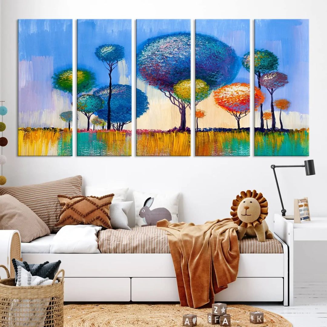 The vibrant "Oil Paint Effect Colorful Trees Wall Art Canvas Print," with its abstract depiction of round-topped trees on a blue background, is printed on museum-quality canvas and includes a UV-protective coating to maintain its bright colors.