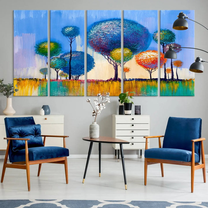 The vibrant "Oil Paint Effect Colorful Trees Wall Art Canvas Print," with its abstract depiction of round-topped trees on a blue background, is printed on museum-quality canvas and includes a UV-protective coating to maintain its bright colors.