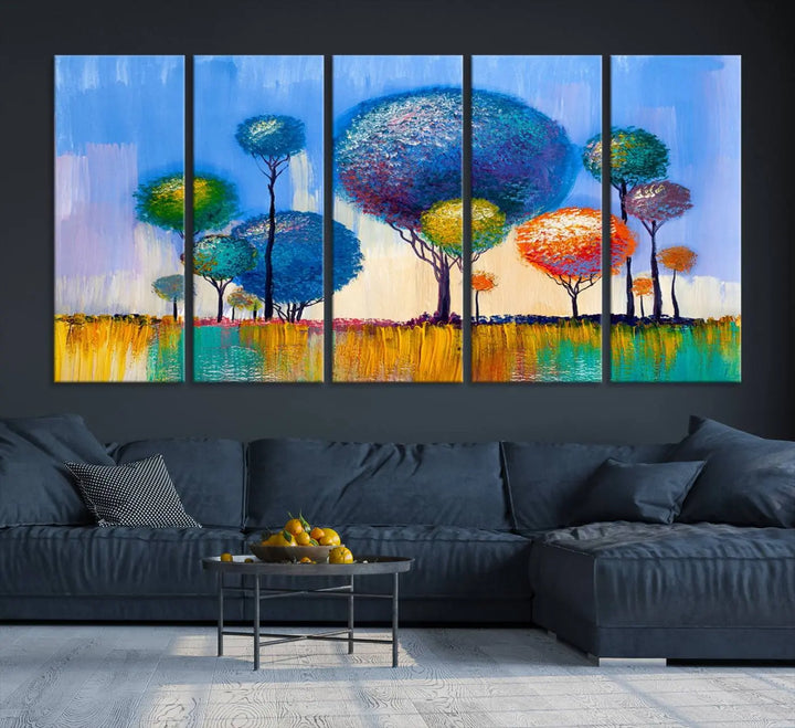 The vibrant "Oil Paint Effect Colorful Trees Wall Art Canvas Print," with its abstract depiction of round-topped trees on a blue background, is printed on museum-quality canvas and includes a UV-protective coating to maintain its bright colors.