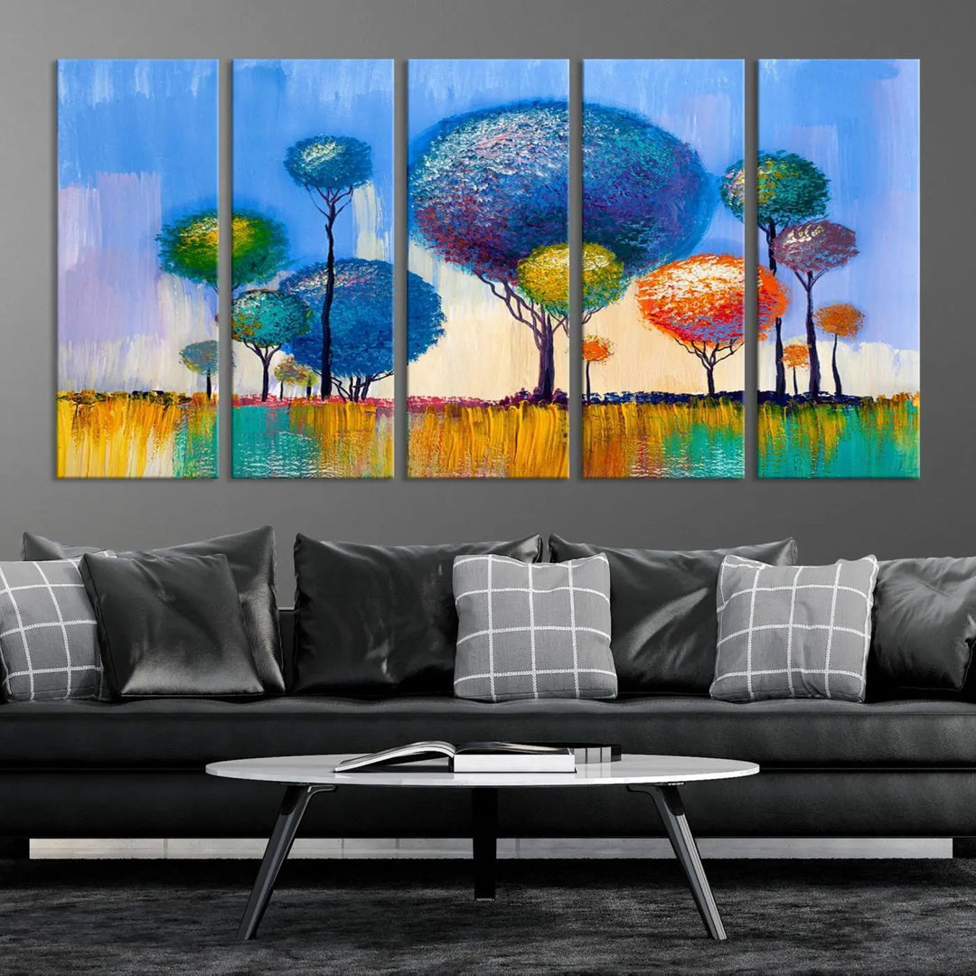 The vibrant "Oil Paint Effect Colorful Trees Wall Art Canvas Print," with its abstract depiction of round-topped trees on a blue background, is printed on museum-quality canvas and includes a UV-protective coating to maintain its bright colors.