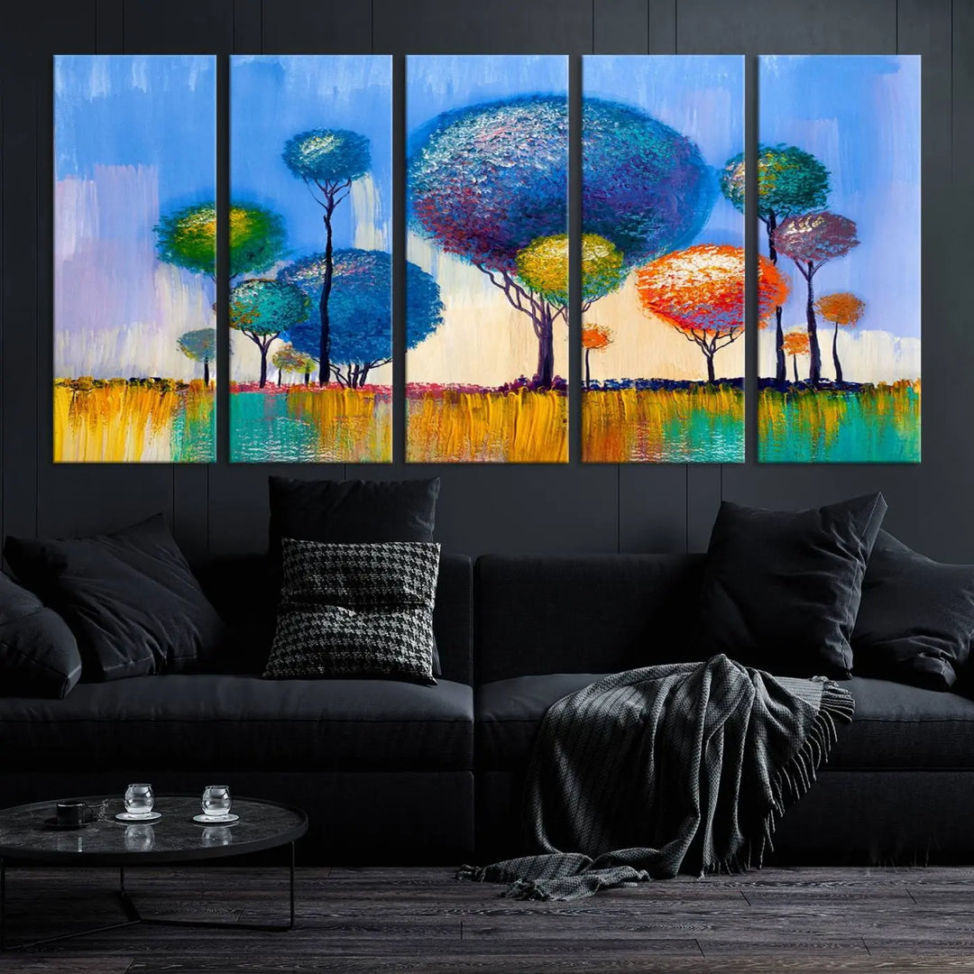 The vibrant "Oil Paint Effect Colorful Trees Wall Art Canvas Print," with its abstract depiction of round-topped trees on a blue background, is printed on museum-quality canvas and includes a UV-protective coating to maintain its bright colors.