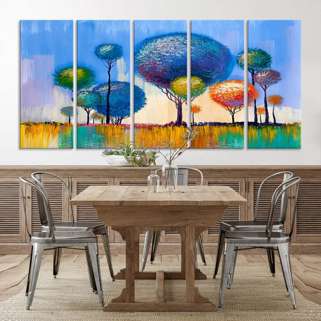 The vibrant "Oil Paint Effect Colorful Trees Wall Art Canvas Print," with its abstract depiction of round-topped trees on a blue background, is printed on museum-quality canvas and includes a UV-protective coating to maintain its bright colors.