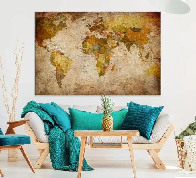 The Old Antique World Map Wall Art Canvas Print, featuring a three-panel vintage design and crafted with museum-quality canvas and UV-protective coating, hangs elegantly against a dark wall.