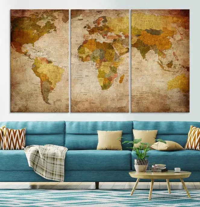 The Old Antique World Map Wall Art Canvas Print, featuring a three-panel vintage design and crafted with museum-quality canvas and UV-protective coating, hangs elegantly against a dark wall.