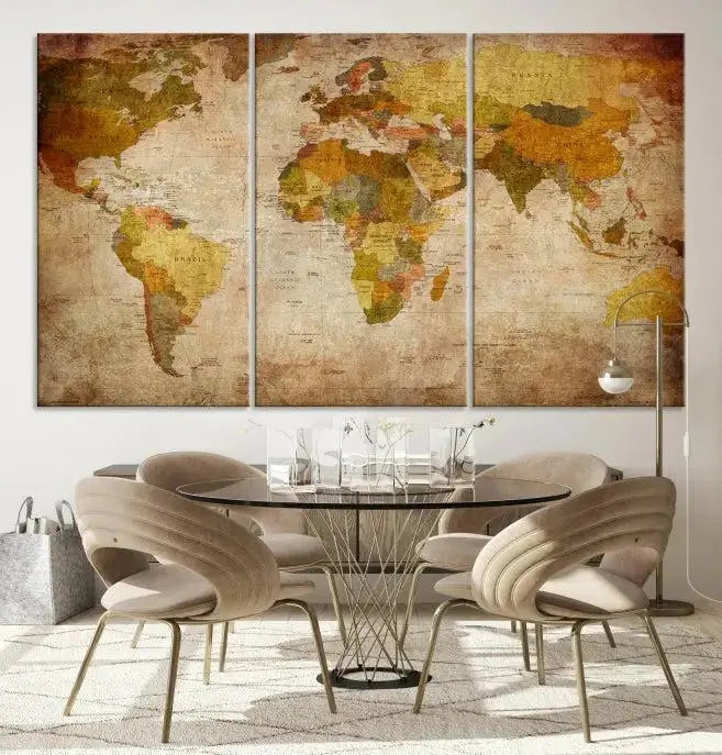 The Old Antique World Map Wall Art Canvas Print, featuring a three-panel vintage design and crafted with museum-quality canvas and UV-protective coating, hangs elegantly against a dark wall.