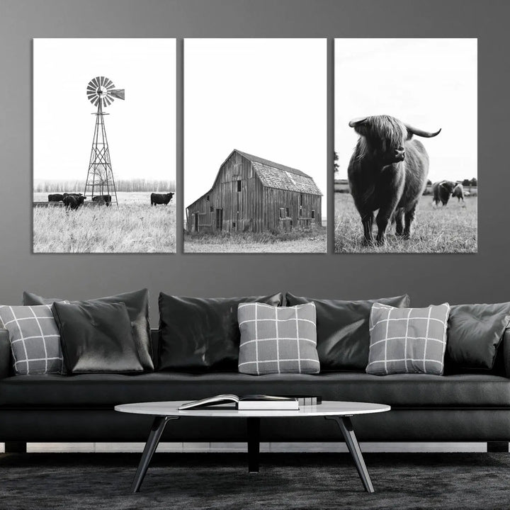 The Old Barn Field Farmhouse Wall Art Decor Canvas Print is a black-and-white triptych featuring a windmill, barn, and cattle. This boho wall art print is a timeless giclee canvas piece suitable for any space.