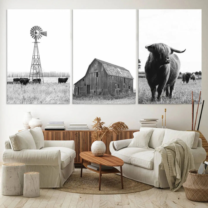 The Old Barn Field Farmhouse Wall Art Decor Canvas Print is a black-and-white triptych featuring a windmill, barn, and cattle. This boho wall art print is a timeless giclee canvas piece suitable for any space.