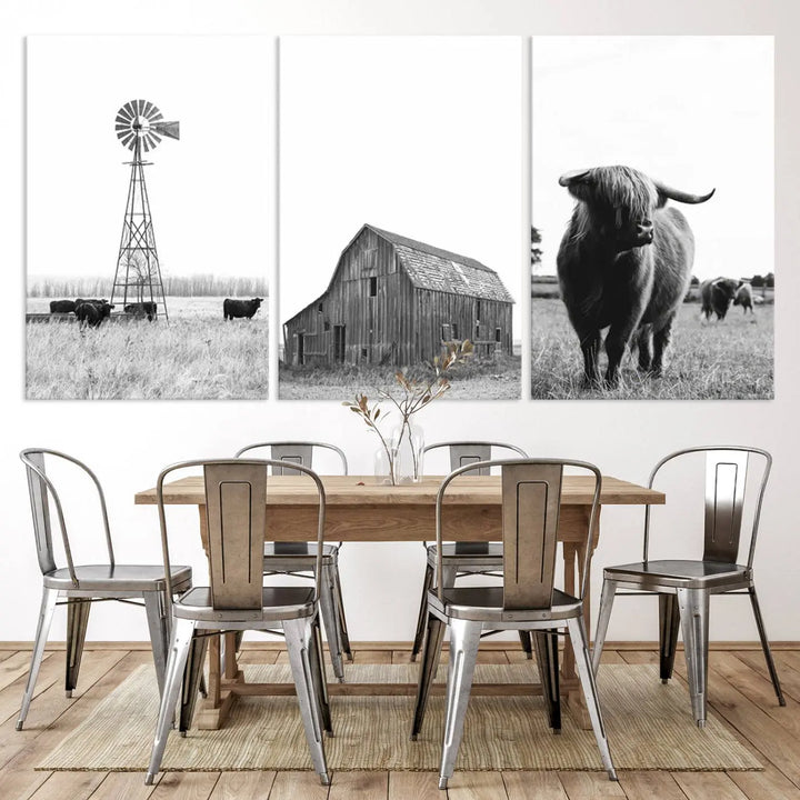 The Old Barn Field Farmhouse Wall Art Decor Canvas Print is a black-and-white triptych featuring a windmill, barn, and cattle. This boho wall art print is a timeless giclee canvas piece suitable for any space.