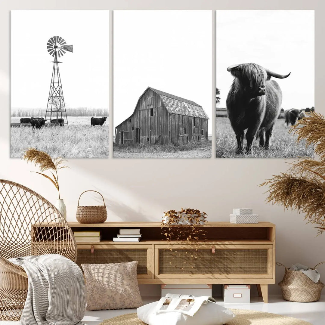 The Old Barn Field Farmhouse Wall Art Decor Canvas Print is a black-and-white triptych featuring a windmill, barn, and cattle. This boho wall art print is a timeless giclee canvas piece suitable for any space.