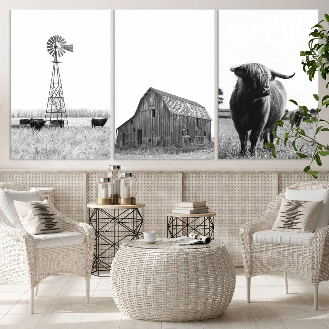 The Old Barn Field Farmhouse Wall Art Decor Canvas Print is a black-and-white triptych featuring a windmill, barn, and cattle. This boho wall art print is a timeless giclee canvas piece suitable for any space.