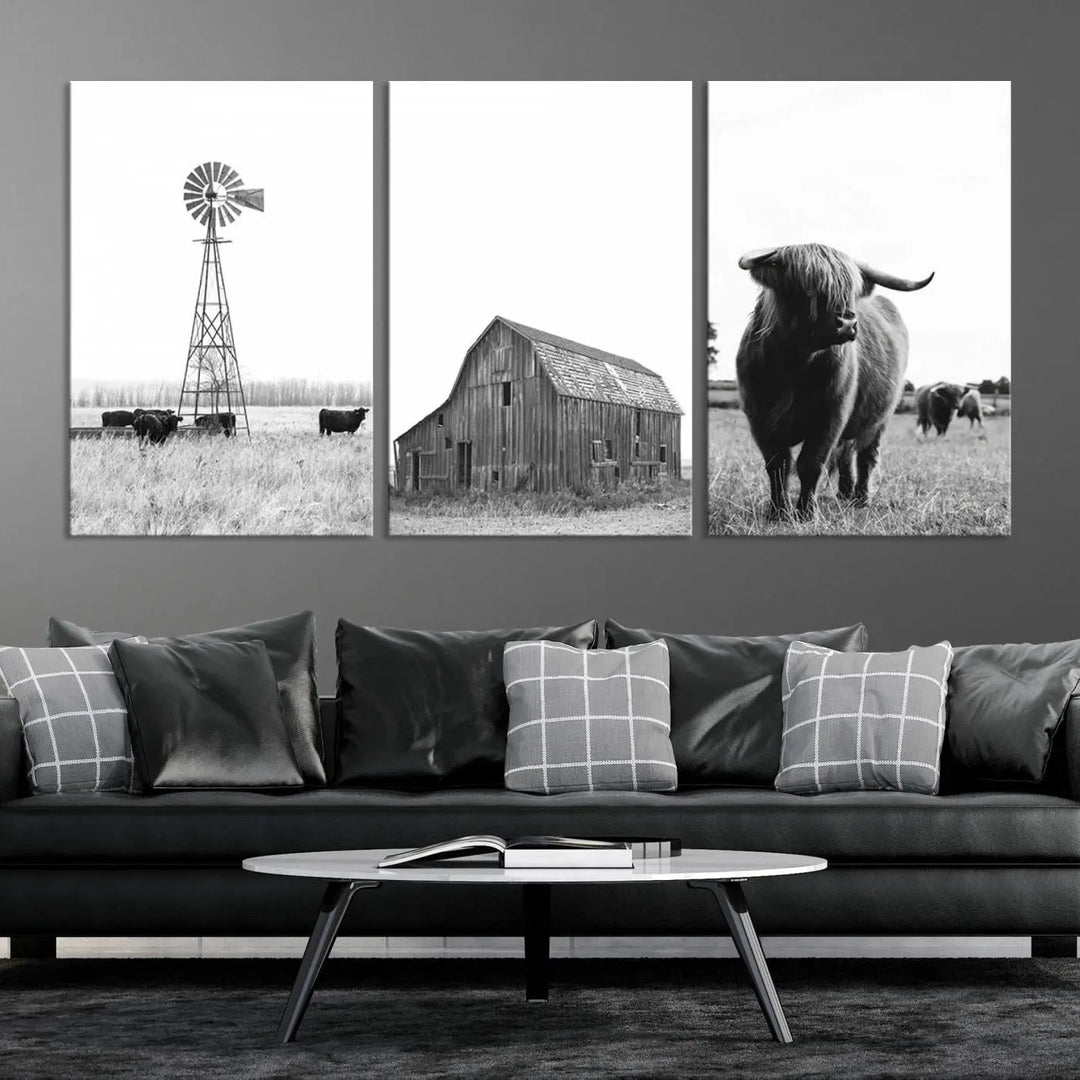 The black and white triptych titled "Old Barn Field Farmhouse Wall Art Decor Canvas Print" features a windmill with cows, a weathered barn, and a highland cow. The museum-quality canvas highlights every detail with stunning clarity.