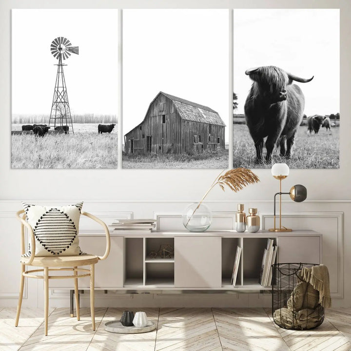 The black and white triptych titled "Old Barn Field Farmhouse Wall Art Decor Canvas Print" features a windmill with cows, a weathered barn, and a highland cow. The museum-quality canvas highlights every detail with stunning clarity.