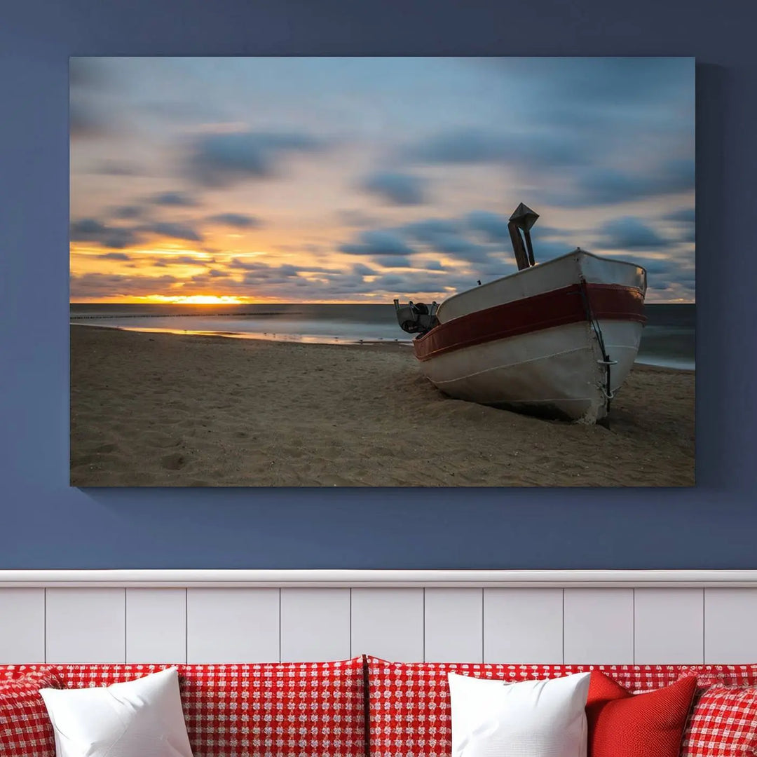 This living room showcases the "Old Boat On The Beach Sunset Coastal Ocean Wall Art Canvas," a three-panel artwork crafted on museum-quality canvas. This ready-to-hang piece is finished with a UV-protective coating for enduring beauty.