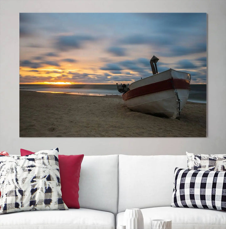 This living room showcases the "Old Boat On The Beach Sunset Coastal Ocean Wall Art Canvas," a three-panel artwork crafted on museum-quality canvas. This ready-to-hang piece is finished with a UV-protective coating for enduring beauty.