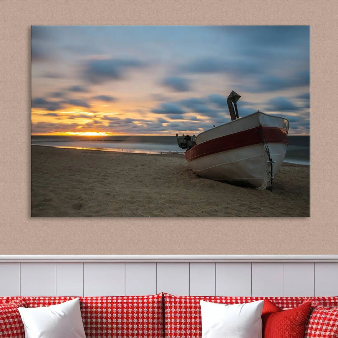 This living room showcases the "Old Boat On The Beach Sunset Coastal Ocean Wall Art Canvas," a three-panel artwork crafted on museum-quality canvas. This ready-to-hang piece is finished with a UV-protective coating for enduring beauty.