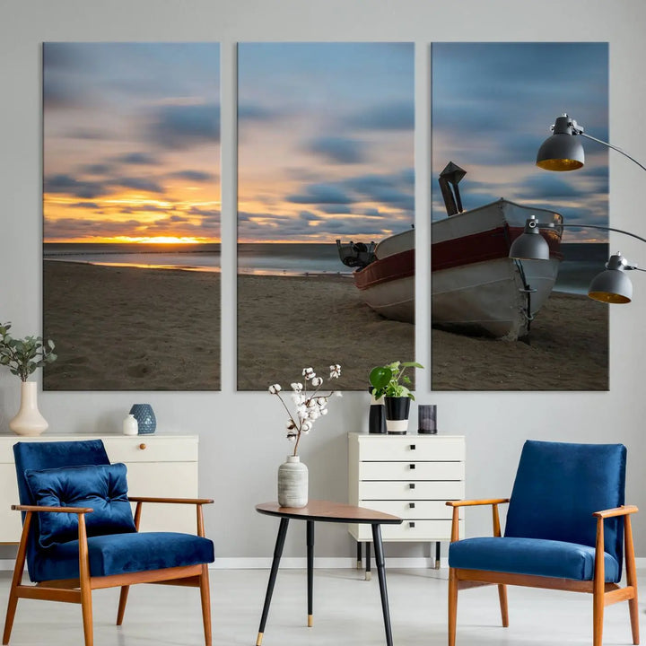 This living room showcases the "Old Boat On The Beach Sunset Coastal Ocean Wall Art Canvas," a three-panel artwork crafted on museum-quality canvas. This ready-to-hang piece is finished with a UV-protective coating for enduring beauty.