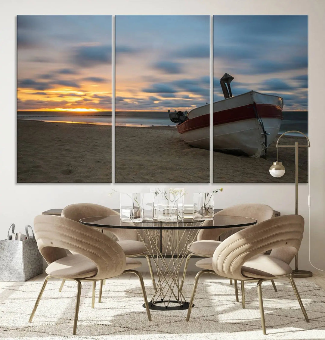 This living room showcases the "Old Boat On The Beach Sunset Coastal Ocean Wall Art Canvas," a three-panel artwork crafted on museum-quality canvas. This ready-to-hang piece is finished with a UV-protective coating for enduring beauty.