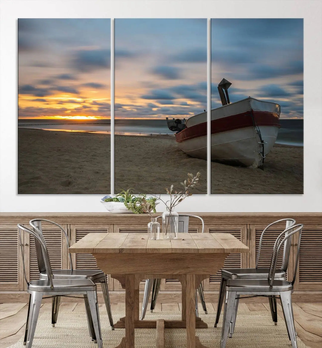 This living room showcases the "Old Boat On The Beach Sunset Coastal Ocean Wall Art Canvas," a three-panel artwork crafted on museum-quality canvas. This ready-to-hang piece is finished with a UV-protective coating for enduring beauty.