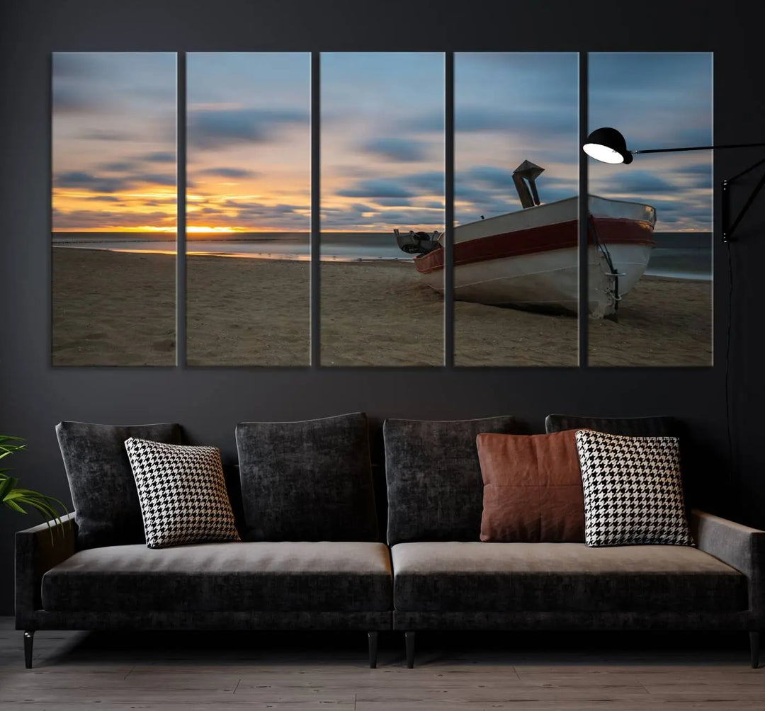 This living room showcases the "Old Boat On The Beach Sunset Coastal Ocean Wall Art Canvas," a three-panel artwork crafted on museum-quality canvas. This ready-to-hang piece is finished with a UV-protective coating for enduring beauty.