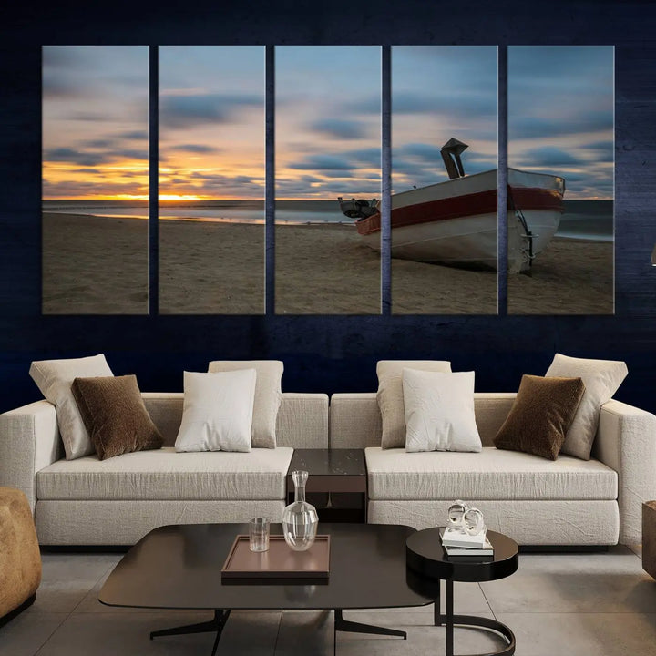 This living room showcases the "Old Boat On The Beach Sunset Coastal Ocean Wall Art Canvas," a three-panel artwork crafted on museum-quality canvas. This ready-to-hang piece is finished with a UV-protective coating for enduring beauty.