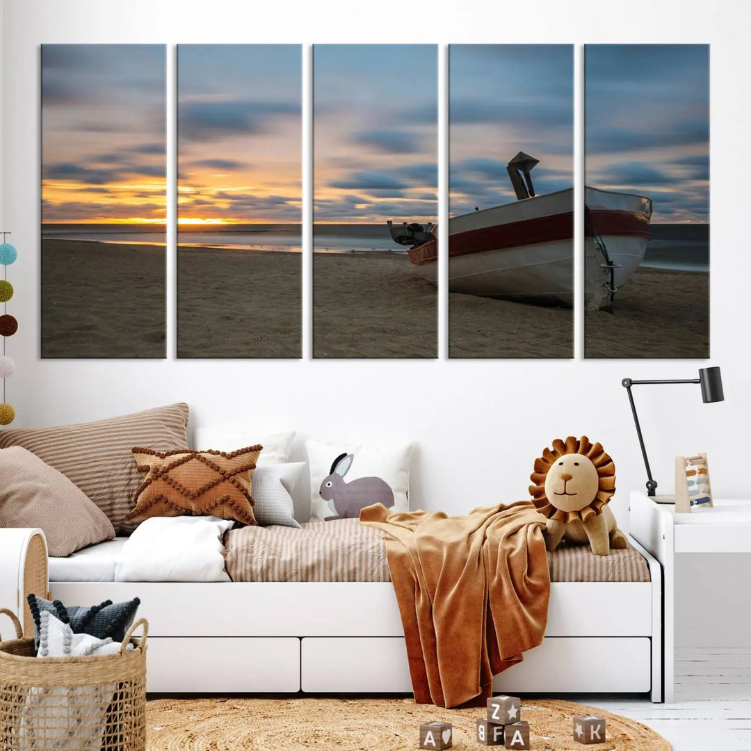 This living room showcases the "Old Boat On The Beach Sunset Coastal Ocean Wall Art Canvas," a three-panel artwork crafted on museum-quality canvas. This ready-to-hang piece is finished with a UV-protective coating for enduring beauty.