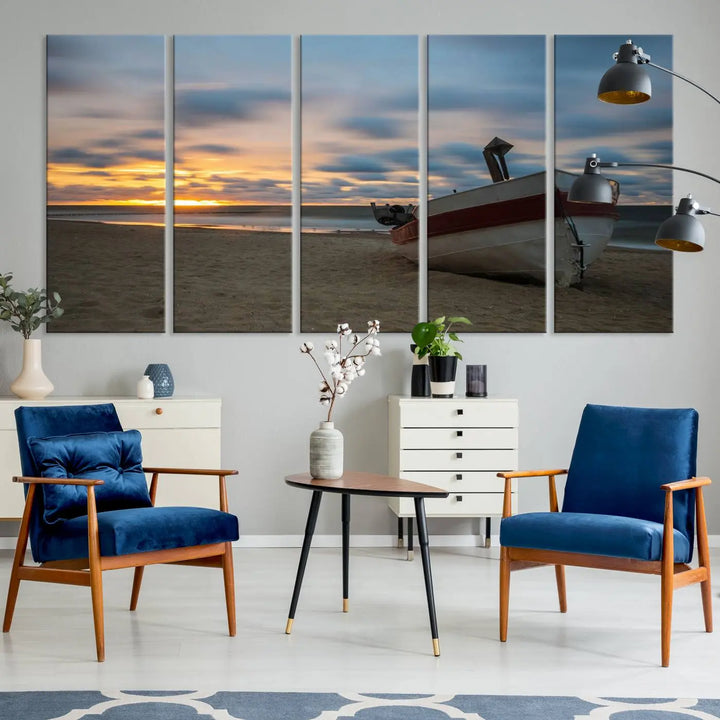 This living room showcases the "Old Boat On The Beach Sunset Coastal Ocean Wall Art Canvas," a three-panel artwork crafted on museum-quality canvas. This ready-to-hang piece is finished with a UV-protective coating for enduring beauty.