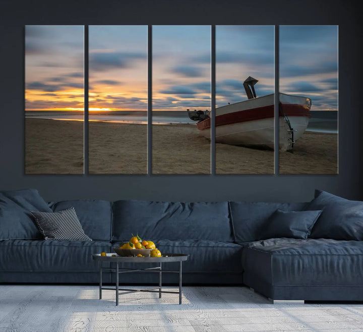 This living room showcases the "Old Boat On The Beach Sunset Coastal Ocean Wall Art Canvas," a three-panel artwork crafted on museum-quality canvas. This ready-to-hang piece is finished with a UV-protective coating for enduring beauty.