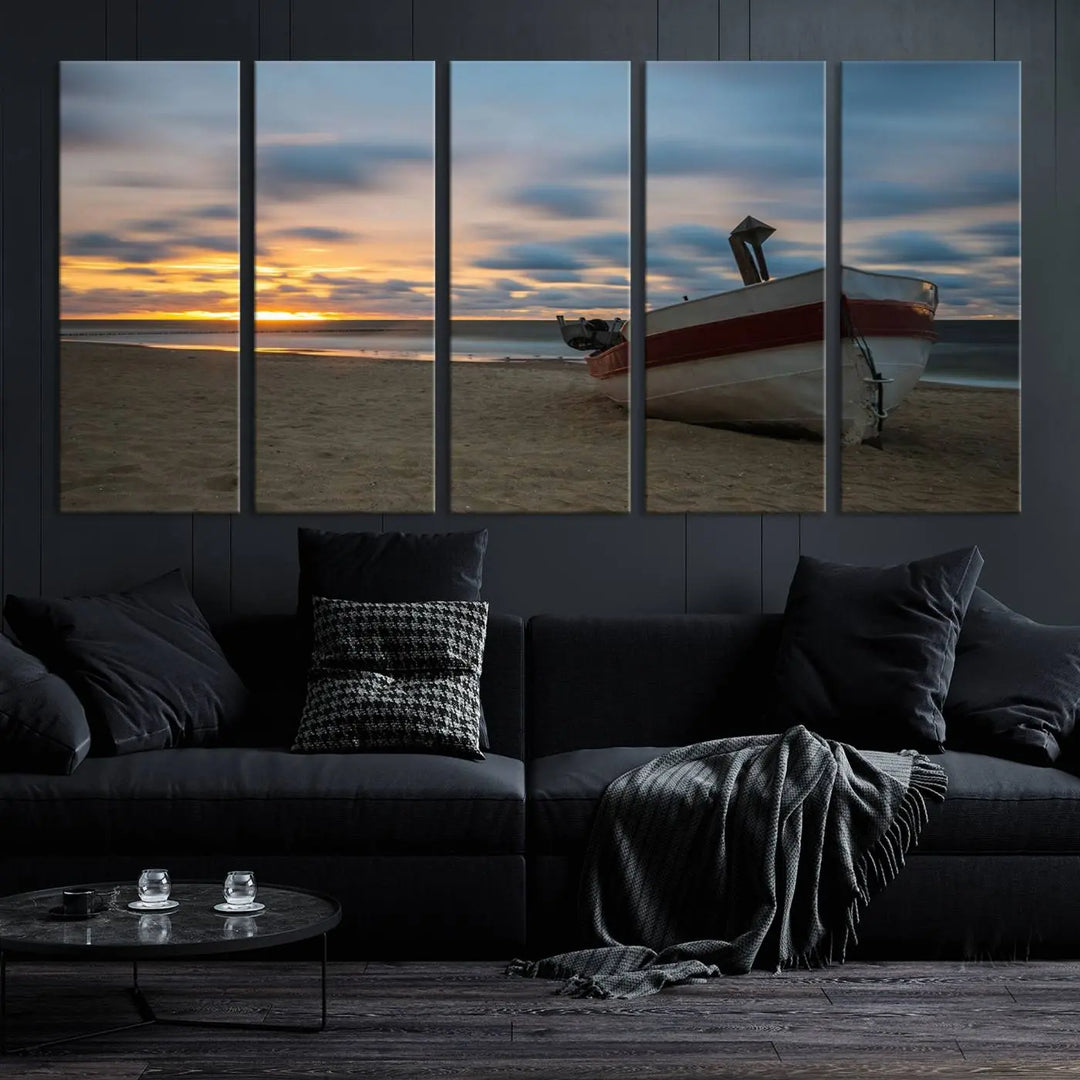 This living room showcases the "Old Boat On The Beach Sunset Coastal Ocean Wall Art Canvas," a three-panel artwork crafted on museum-quality canvas. This ready-to-hang piece is finished with a UV-protective coating for enduring beauty.