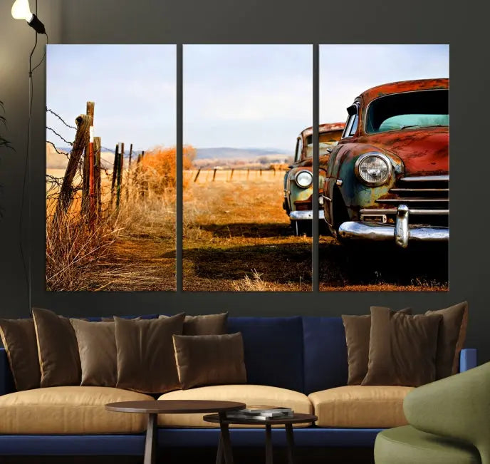 The "Old Rustic Classic Car Wall Art Canvas Print" beautifully captures the essence of rural charm. This triptych showcases an old, rusty car beside a fence in a picturesque landscape and is crafted from museum-quality canvas with a UV-protective coating for lasting beauty.