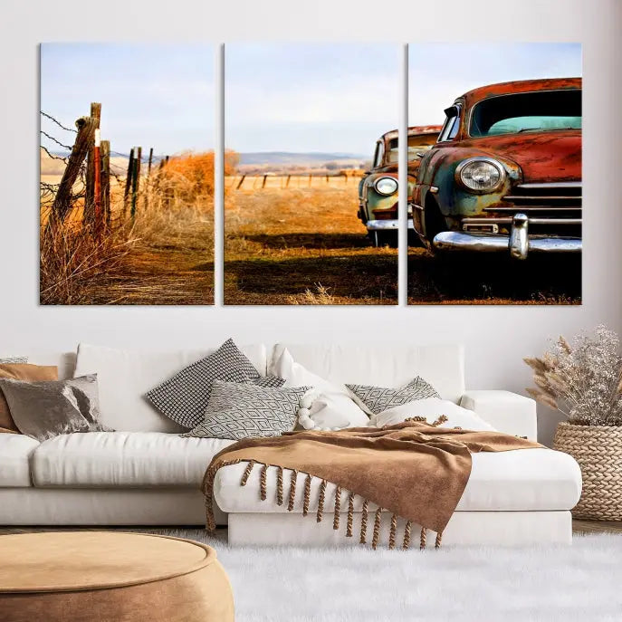 The "Old Rustic Classic Car Wall Art Canvas Print" beautifully captures the essence of rural charm. This triptych showcases an old, rusty car beside a fence in a picturesque landscape and is crafted from museum-quality canvas with a UV-protective coating for lasting beauty.