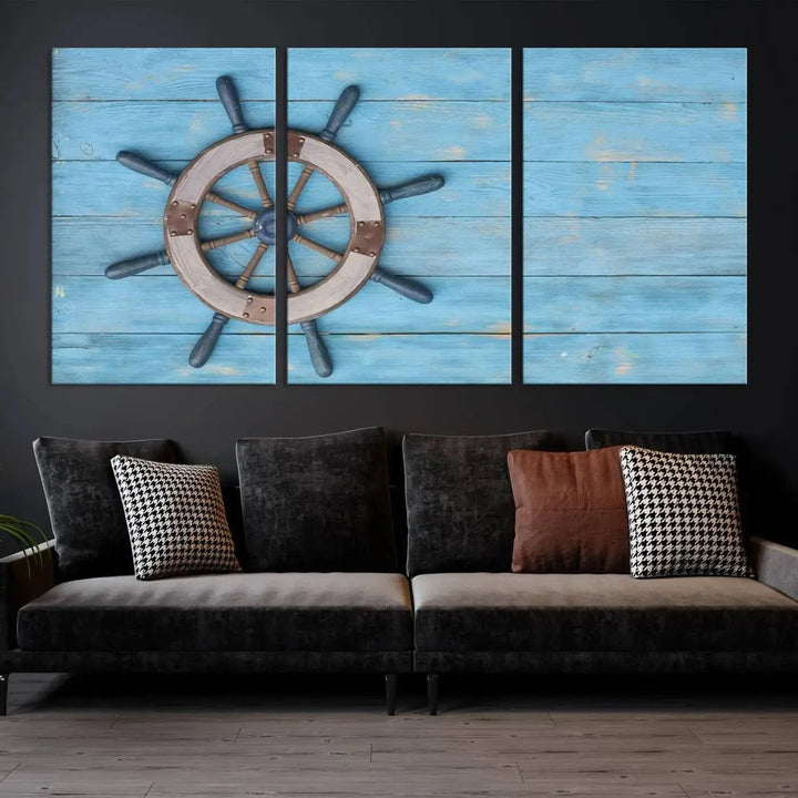 The Old Ship Steering Wheel Nautical Wall Art, printed on museum-quality canvas with a UV-protective coating, is displayed prominently on the wall.