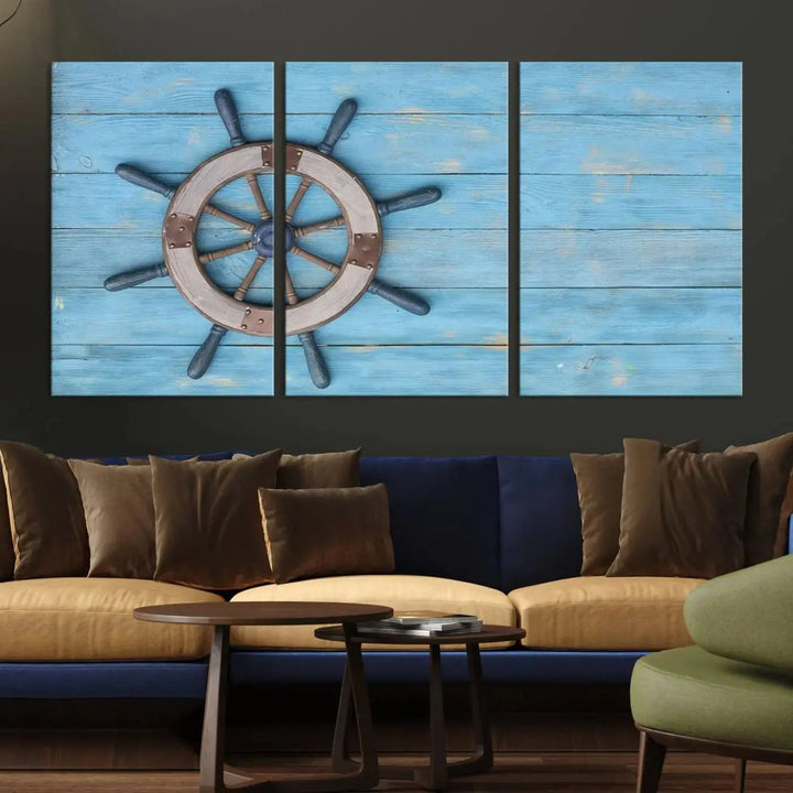 The Old Ship Steering Wheel Nautical Wall Art, printed on museum-quality canvas with a UV-protective coating, is displayed prominently on the wall.