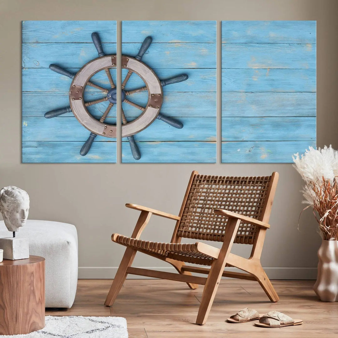 The Old Ship Steering Wheel Nautical Wall Art, printed on museum-quality canvas with a UV-protective coating, is displayed prominently on the wall.