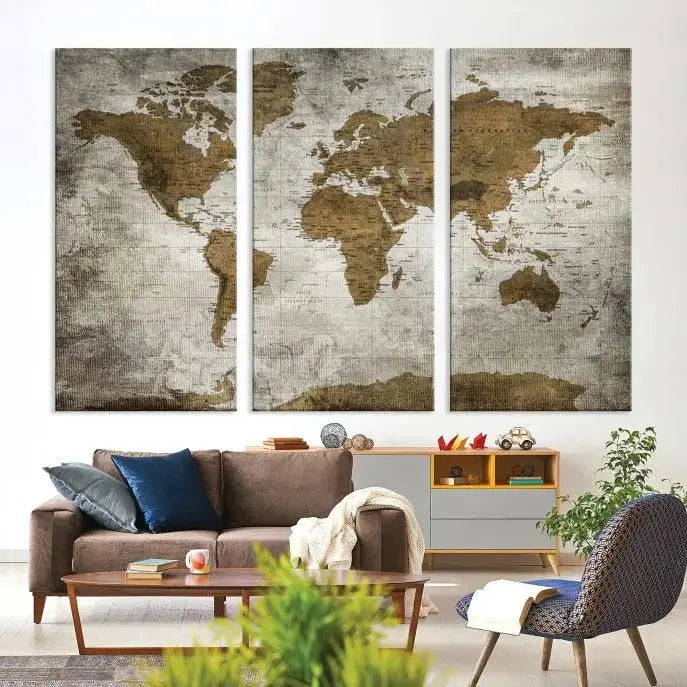 The elegant Old Style World Map Wall Art Canvas Print, presented as a stunning triptych, enhances the living room's ambiance. Crafted on museum-quality canvas and protected by a UV coating, it's ready to hang and stands as a captivating piece in the room.