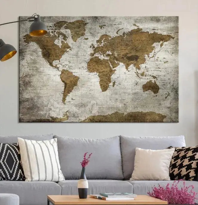 The elegant Old Style World Map Wall Art Canvas Print, presented as a stunning triptych, enhances the living room's ambiance. Crafted on museum-quality canvas and protected by a UV coating, it's ready to hang and stands as a captivating piece in the room.