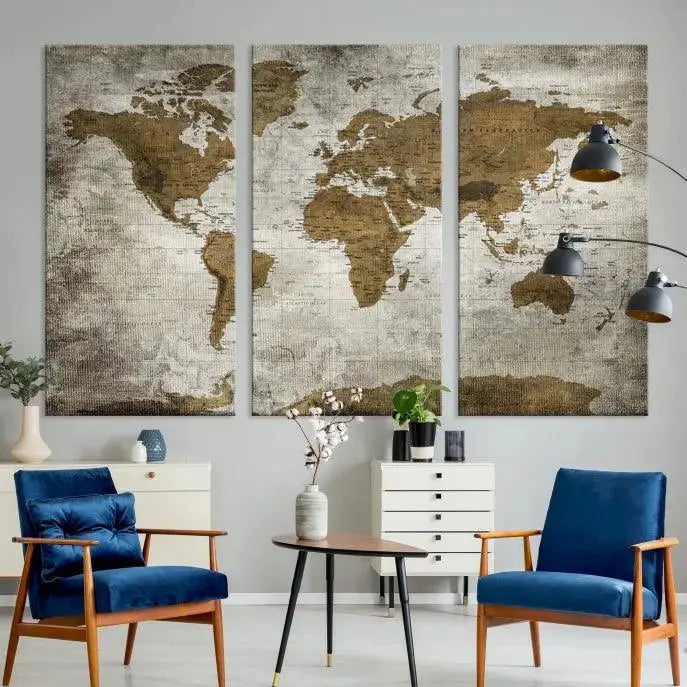 The elegant Old Style World Map Wall Art Canvas Print, presented as a stunning triptych, enhances the living room's ambiance. Crafted on museum-quality canvas and protected by a UV coating, it's ready to hang and stands as a captivating piece in the room.