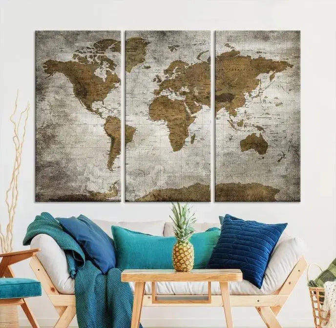 The elegant Old Style World Map Wall Art Canvas Print, presented as a stunning triptych, enhances the living room's ambiance. Crafted on museum-quality canvas and protected by a UV coating, it's ready to hang and stands as a captivating piece in the room.