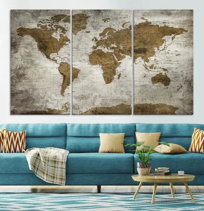 The elegant Old Style World Map Wall Art Canvas Print, presented as a stunning triptych, enhances the living room's ambiance. Crafted on museum-quality canvas and protected by a UV coating, it's ready to hang and stands as a captivating piece in the room.