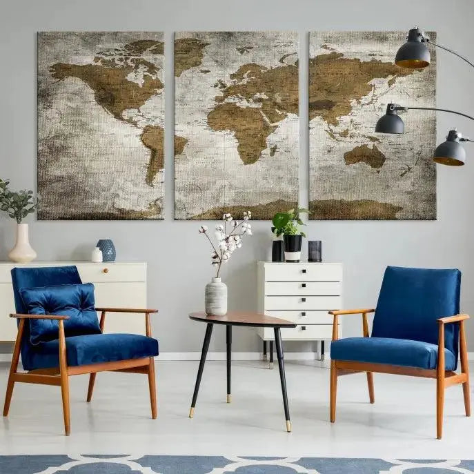 The elegant Old Style World Map Wall Art Canvas Print, presented as a stunning triptych, enhances the living room's ambiance. Crafted on museum-quality canvas and protected by a UV coating, it's ready to hang and stands as a captivating piece in the room.