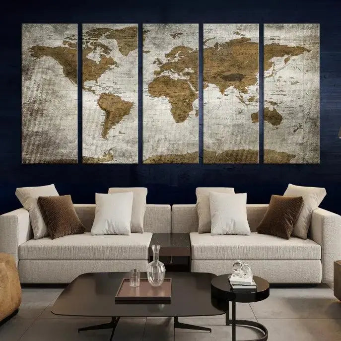 The elegant Old Style World Map Wall Art Canvas Print, presented as a stunning triptych, enhances the living room's ambiance. Crafted on museum-quality canvas and protected by a UV coating, it's ready to hang and stands as a captivating piece in the room.