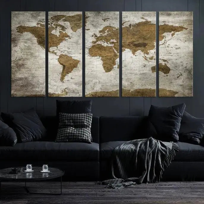 The elegant Old Style World Map Wall Art Canvas Print, presented as a stunning triptych, enhances the living room's ambiance. Crafted on museum-quality canvas and protected by a UV coating, it's ready to hang and stands as a captivating piece in the room.