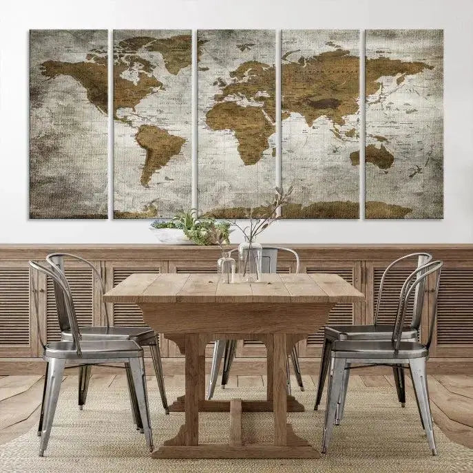 The elegant Old Style World Map Wall Art Canvas Print, presented as a stunning triptych, enhances the living room's ambiance. Crafted on museum-quality canvas and protected by a UV coating, it's ready to hang and stands as a captivating piece in the room.