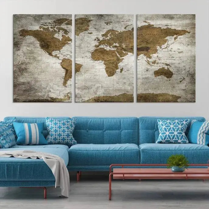 The elegant Old Style World Map Wall Art Canvas Print, presented as a stunning triptych, enhances the living room's ambiance. Crafted on museum-quality canvas and protected by a UV coating, it's ready to hang and stands as a captivating piece in the room.