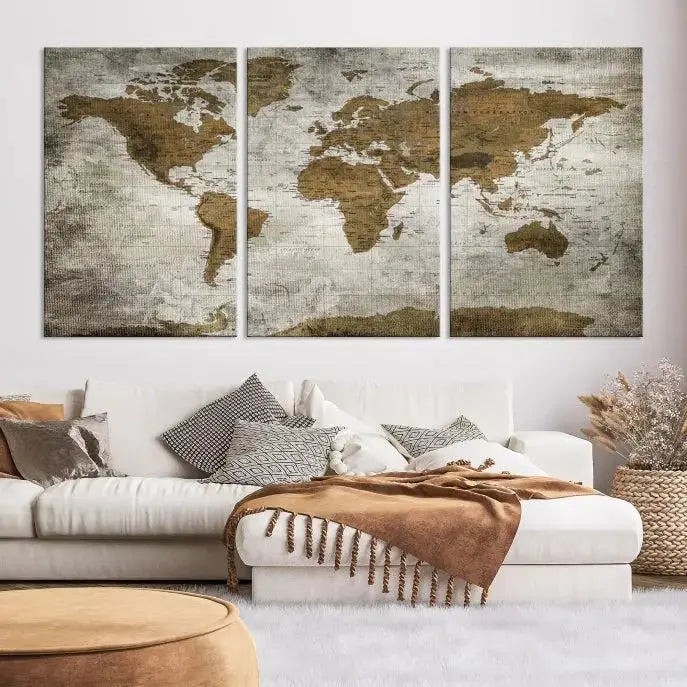 The elegant Old Style World Map Wall Art Canvas Print, presented as a stunning triptych, enhances the living room's ambiance. Crafted on museum-quality canvas and protected by a UV coating, it's ready to hang and stands as a captivating piece in the room.