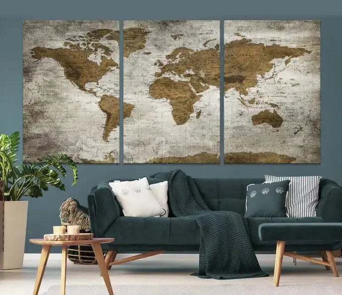 The elegant Old Style World Map Wall Art Canvas Print, presented as a stunning triptych, enhances the living room's ambiance. Crafted on museum-quality canvas and protected by a UV coating, it's ready to hang and stands as a captivating piece in the room.