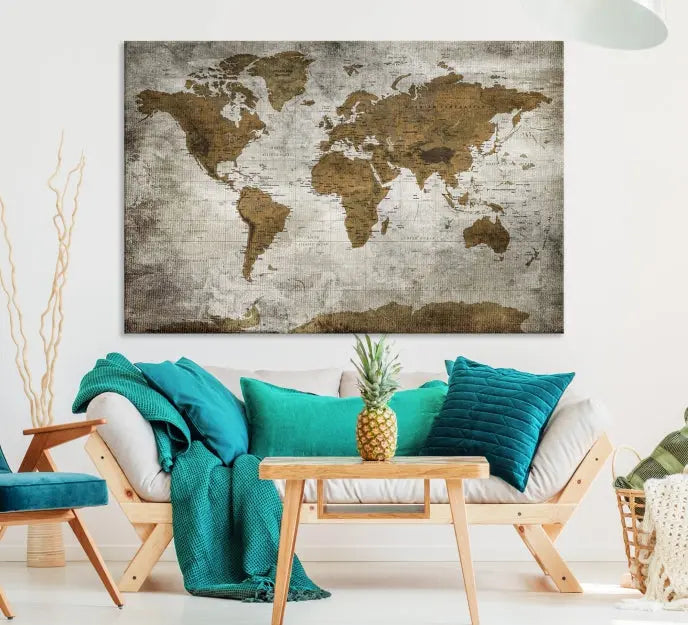 The elegant Old Style World Map Wall Art Canvas Print, presented as a stunning triptych, enhances the living room's ambiance. Crafted on museum-quality canvas and protected by a UV coating, it's ready to hang and stands as a captivating piece in the room.